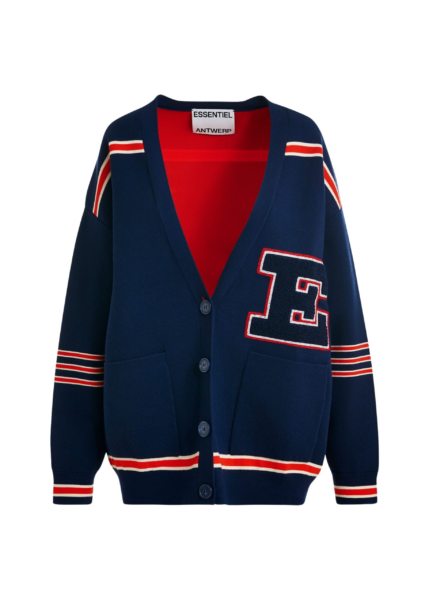 Essentiel Antwerp Navy appliquéd cardigan with red stripes - Essentiel Antwerp Knitwear - Colorful Belgian Design - Shop at Luxury Shoes 