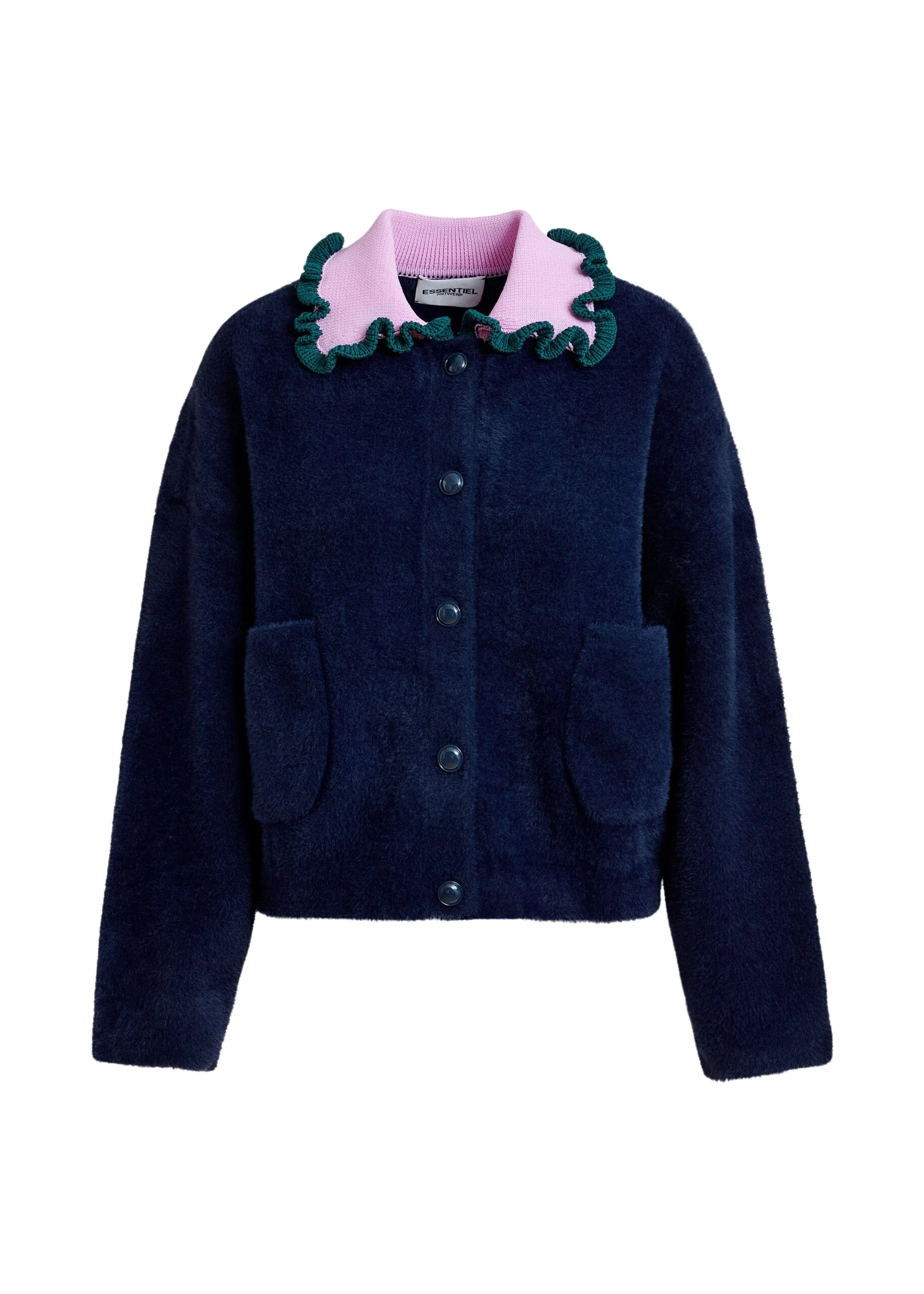 Navy-cardigan-with-contrasting-purple-and-dark-green-ruffle-collar-Essentiel-Antwerp-Knitwear-scaled16442_nobg Essentiel Antwerp Navy cardigan with contrasting purple and dark green ruffle collar - Essentiel Antwerp Knitwear - Colorful Belgian Design - Shop at Luxury Shoes