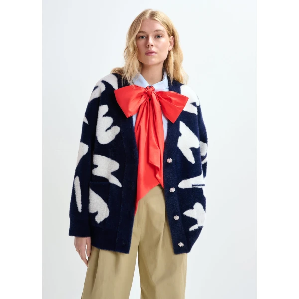 Essentiel Antwerp Navy cardigan with white letter print and rhinestone buttons - Essentiel Antwerp Knitwear - Colorful Belgian Design - Shop at Luxury Shoes 