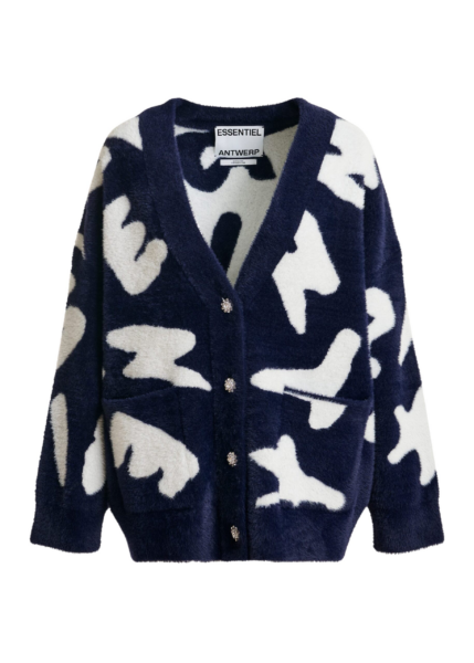 Essentiel Antwerp Navy cardigan with white letter print and rhinestone buttons - Essentiel Antwerp Knitwear - Colorful Belgian Design - Shop at Luxury Shoes 