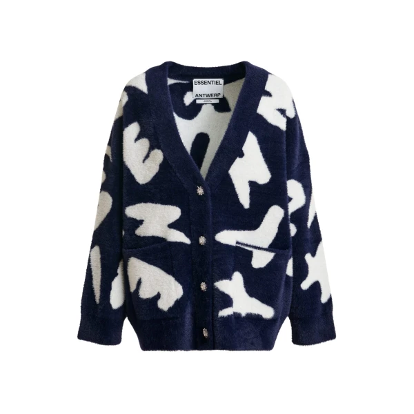 Essentiel Antwerp Navy cardigan with white letter print and rhinestone buttons - Essentiel Antwerp Knitwear - Colorful Belgian Design - Shop at Luxury Shoes 