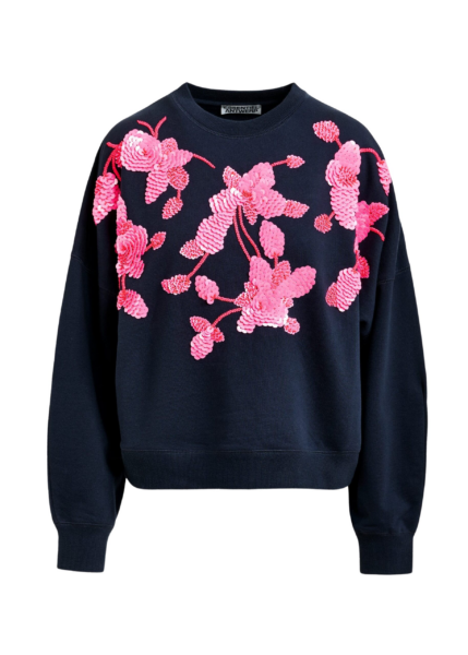 Essentiel Antwerp Navy cotton sweatshirt with pink floral sequin and bead-embellished embroidery - Essentiel Antwerp Shirts - Colorful Belgian Design - Shop at Luxury Shoes 