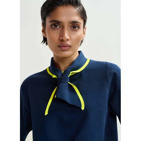 Essentiel Antwerp Navy fine-knit polo with bright yellow scarf-like contrast collar - Essentiel Antwerp Tops - Colorful Belgian Design - Shop at Luxury Shoes 