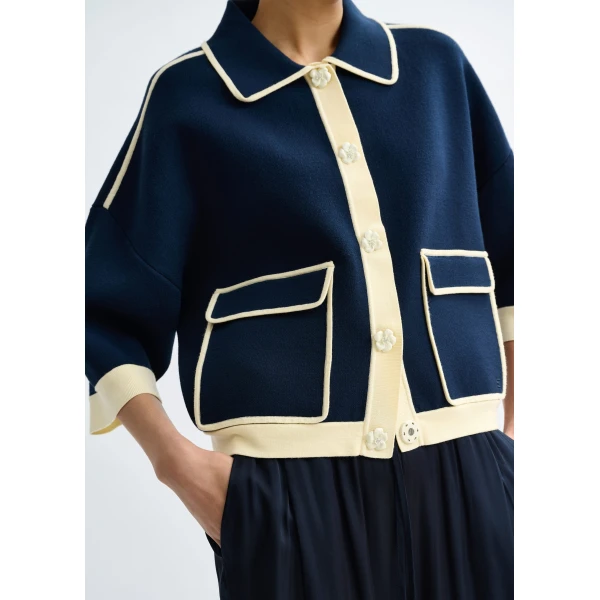 Essentiel Antwerp Navy knit cardigan with flower buttons and off-white contrasting trims - Essentiel Antwerp Knitwear - Colorful Belgian Design - Shop at Luxury Shoes 