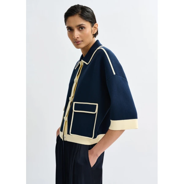 Essentiel Antwerp Navy knit cardigan with flower buttons and off-white contrasting trims - Essentiel Antwerp Knitwear - Colorful Belgian Design - Shop at Luxury Shoes 