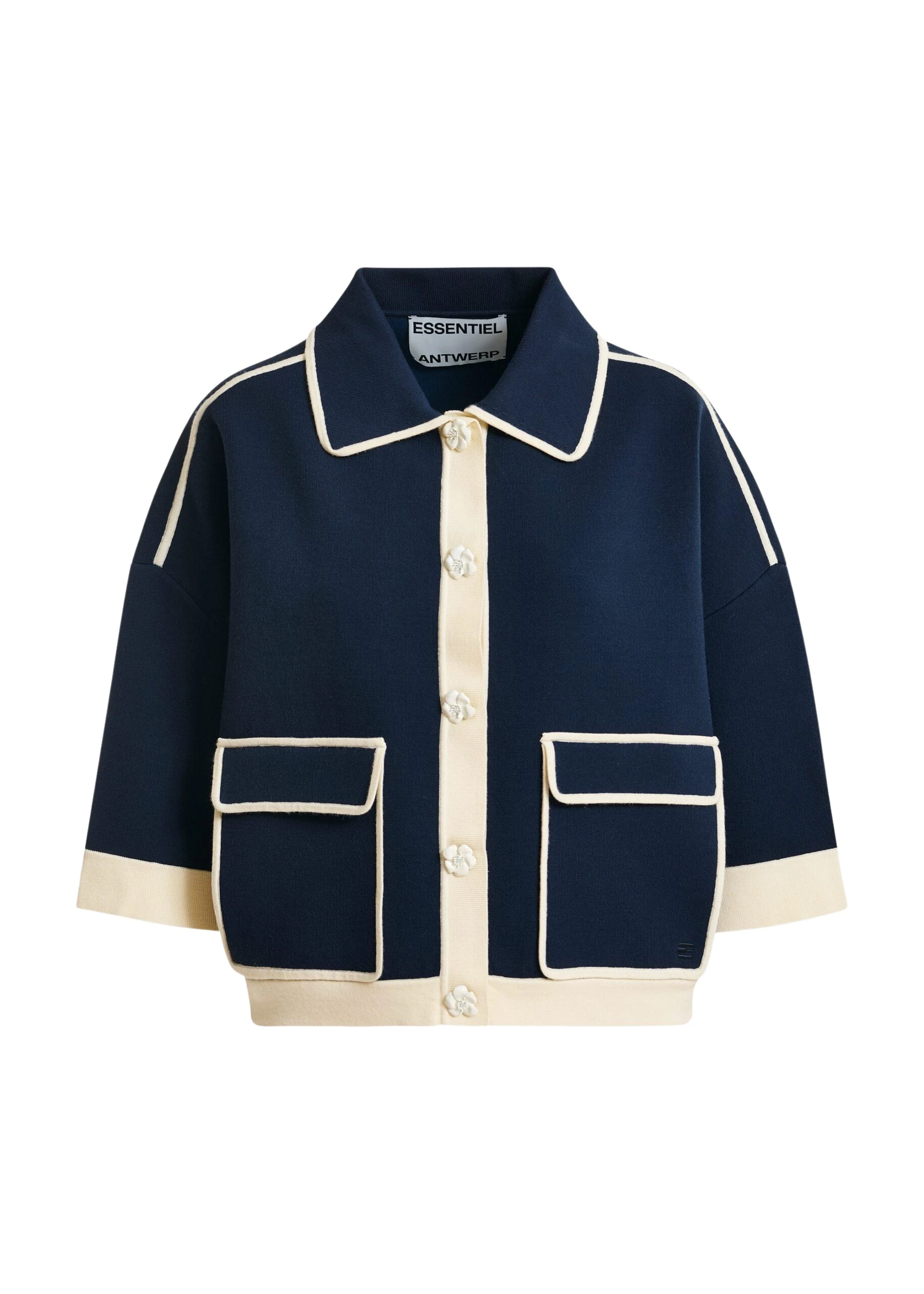 Navy-knit-cardigan-with-flower-buttons-and-off-white-contrasting-trims-Essentiel-Antwerp-Knitwear-scaled16444_nobg Essentiel Antwerp Navy knit cardigan with flower buttons and off-white contrasting trims - Essentiel Antwerp Knitwear - Colorful Belgian Design - Shop at Luxury Shoes