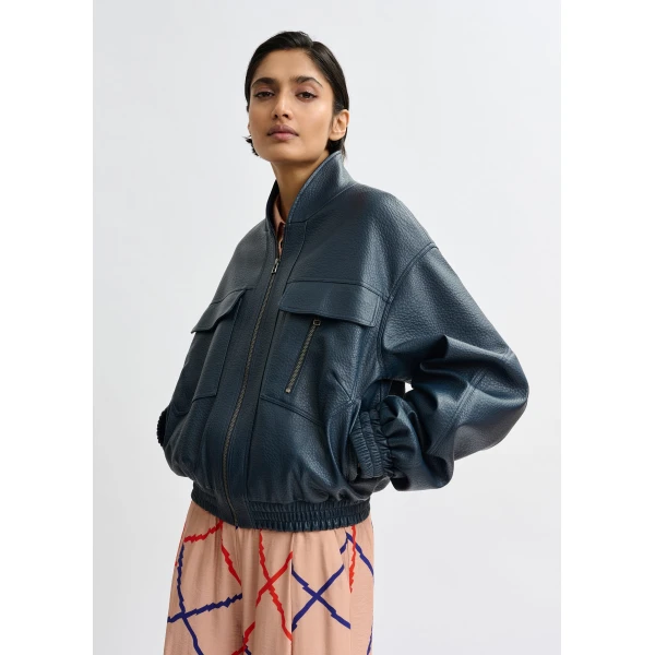 Essentiel Antwerp Navy oversized faux-leather bomber jacket - Essentiel Antwerp Jackets - Colorful Belgian Design - Shop at Luxury Shoes 
