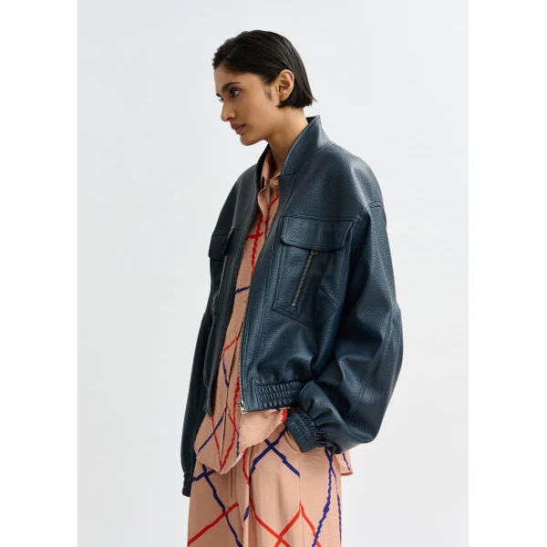 Essentiel Antwerp Navy oversized faux-leather bomber jacket - Essentiel Antwerp Jackets - Colorful Belgian Design - Shop at Luxury Shoes 