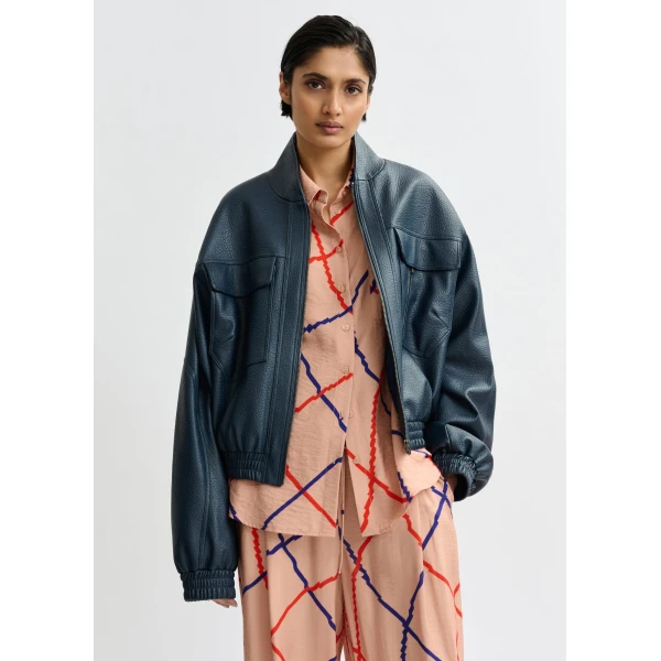 Essentiel Antwerp Navy oversized faux-leather bomber jacket - Essentiel Antwerp Jackets - Colorful Belgian Design - Shop at Luxury Shoes 
