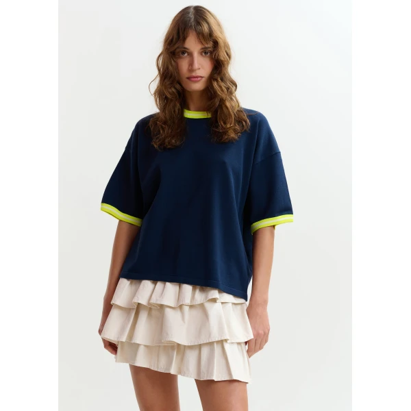 Essentiel Antwerp Navy slightly cropped knit T-shirt with bright yellow contrasting trim - Essentiel Antwerp Shirts - Colorful Belgian Design - Shop at Luxury Shoes 