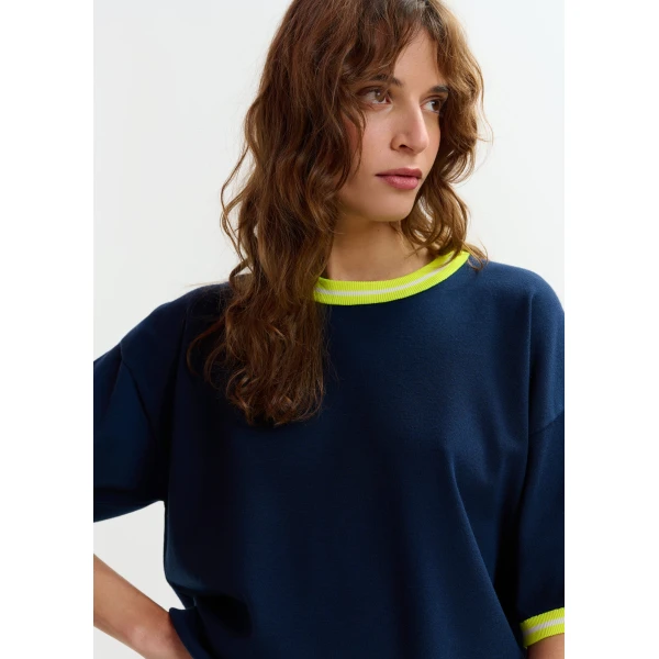 Essentiel Antwerp Navy slightly cropped knit T-shirt with bright yellow contrasting trim - Essentiel Antwerp Shirts - Colorful Belgian Design - Shop at Luxury Shoes 