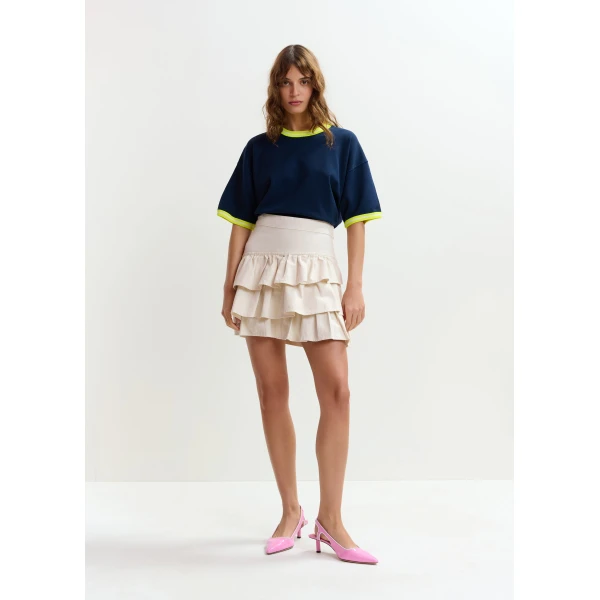 Essentiel Antwerp Navy slightly cropped knit T-shirt with bright yellow contrasting trim - Essentiel Antwerp Shirts - Colorful Belgian Design - Shop at Luxury Shoes 
