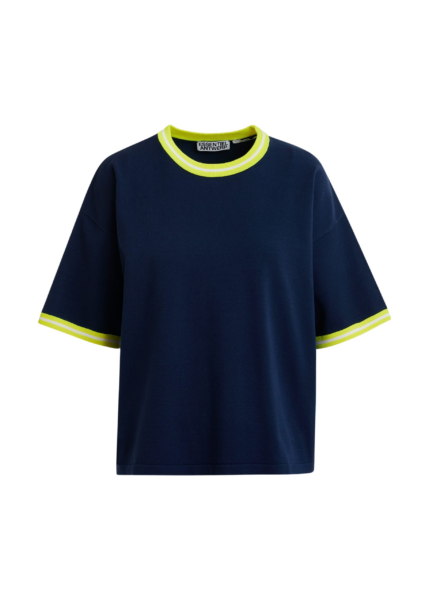 Essentiel Antwerp Navy slightly cropped knit T-shirt with bright yellow contrasting trim - Essentiel Antwerp Shirts - Colorful Belgian Design - Shop at Luxury Shoes 