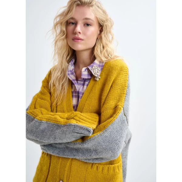 Essentiel Antwerp Ochre and grey wool-blend cardigan with contrasting back - Essentiel Antwerp Knitwear - Colorful Belgian Design - Shop at Luxury Shoes 