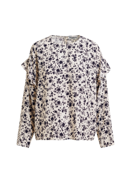 Essentiel Antwerp Off-white and black floral top with ruffle detail - Essentiel Antwerp Tops - Colorful Belgian Design - Shop at Luxury Shoes 