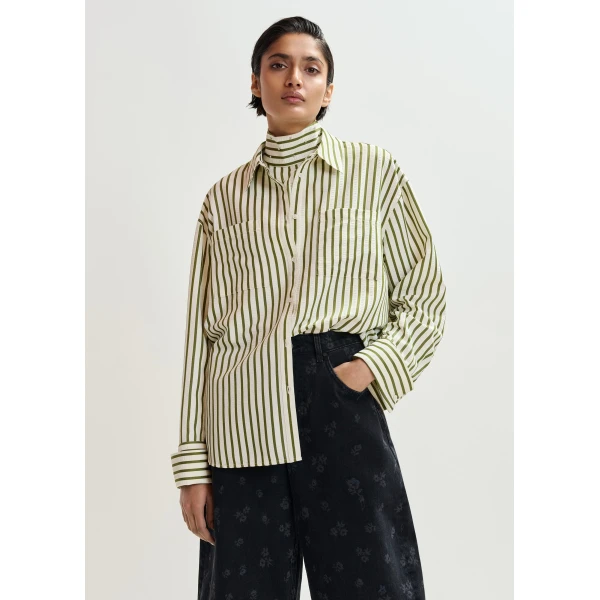 Essentiel Antwerp Off-white and green striped oversized shirt with rhinestone bib detail - Essentiel Antwerp Shirts - Colorful Belgian Design - Shop at Luxury Shoes 