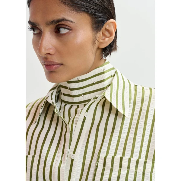 Essentiel Antwerp Off-white and green striped oversized shirt with rhinestone bib detail - Essentiel Antwerp Shirts - Colorful Belgian Design - Shop at Luxury Shoes 