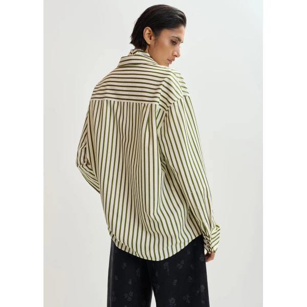 Essentiel Antwerp Off-white and green striped oversized shirt with rhinestone bib detail - Essentiel Antwerp Shirts - Colorful Belgian Design - Shop at Luxury Shoes 