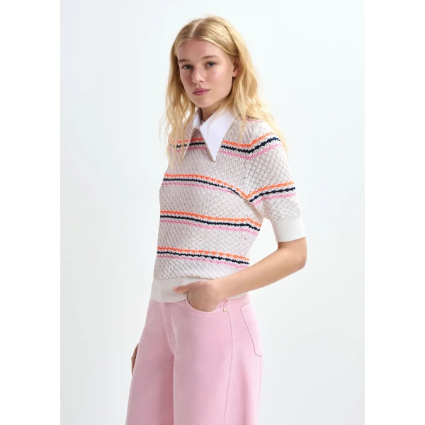 Essentiel Antwerp Off-white and multicolor striped honeycomb knit polo with rhinestone-embellished detachable collar - Essentiel Antwerp Tops - Colorful Belgian Design - Shop at Luxury Shoes 
