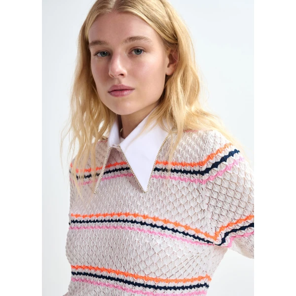 Essentiel Antwerp Off-white and multicolor striped honeycomb knit polo with rhinestone-embellished detachable collar - Essentiel Antwerp Tops - Colorful Belgian Design - Shop at Luxury Shoes 