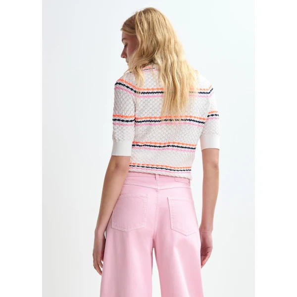 Essentiel Antwerp Off-white and multicolor striped honeycomb knit polo with rhinestone-embellished detachable collar - Essentiel Antwerp Tops - Colorful Belgian Design - Shop at Luxury Shoes 