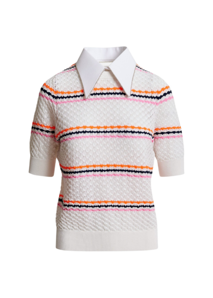 Essentiel Antwerp Off-white and multicolor striped honeycomb knit polo with rhinestone-embellished detachable collar - Essentiel Antwerp Tops - Colorful Belgian Design - Shop at Luxury Shoes 