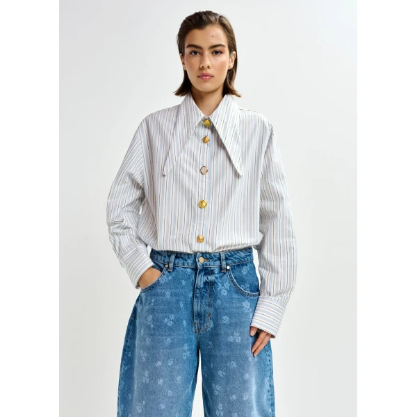 black and light blue striped cotton shirt with elongated collar and mismatched buttons - Essentiel Antwerp Shirts - Colorful Belgian Design - Shop at Luxury Shoes 