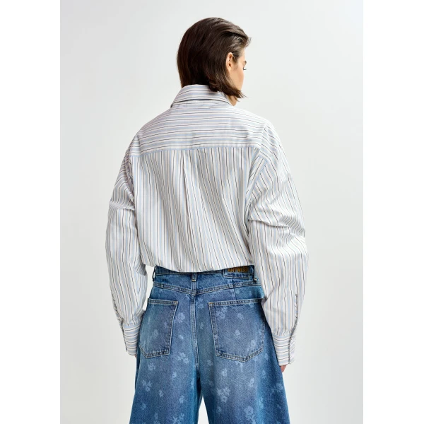 black and light blue striped cotton shirt with elongated collar and mismatched buttons - Essentiel Antwerp Shirts - Colorful Belgian Design - Shop at Luxury Shoes 