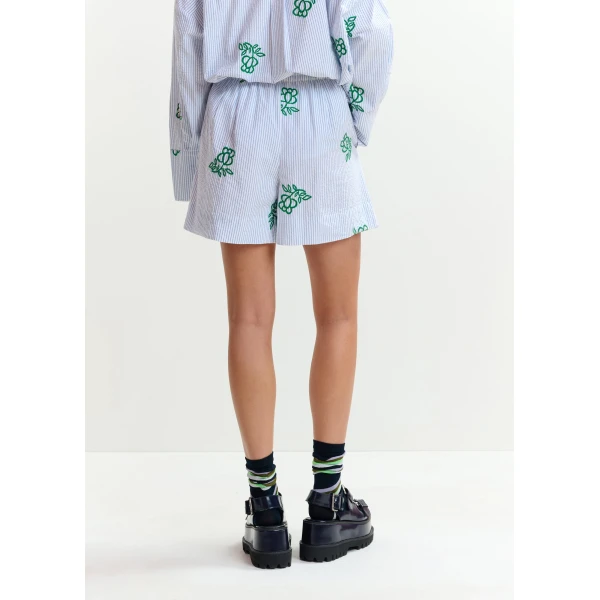 Essentiel Antwerp Off-white cotton mini shorts with light blue pinstriped embroidered with sequin and bead embellishments - Essentiel Antwerp Shorts - Colorful Belgian Design - Shop at Luxury Shoes 