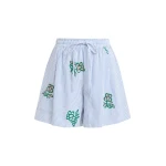 Essentiel Antwerp Off-white cotton mini shorts with light blue pinstriped embroidered with sequin and bead embellishments - Essentiel Antwerp Shorts - Colorful Belgian Design - Shop at Luxury Shoes 