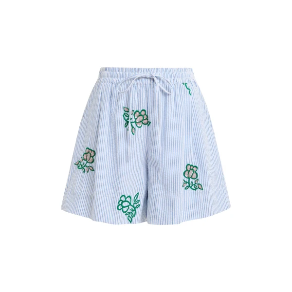 Essentiel Antwerp Off-white cotton mini shorts with light blue pinstriped embroidered with sequin and bead embellishments - Essentiel Antwerp Shorts - Colorful Belgian Design - Shop at Luxury Shoes 