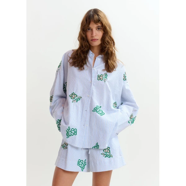 Essentiel Antwerp Off-white cotton shirt with light blue pinstripes and embroidered details - Essentiel Antwerp Shirts - Colorful Belgian Design - Shop at Luxury Shoes 