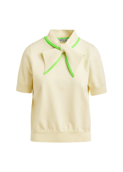 Essentiel Antwerp Off-white fine-knit polo with light green scarf-like contrast collar - Essentiel Antwerp Tops - Colorful Belgian Design - Shop at Luxury Shoes 