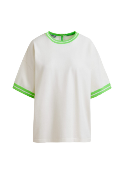 Essentiel Antwerp Off-white knit T-shirt with light green contrasting trim - Essentiel Antwerp Shirts - Colorful Belgian Design - Shop at Luxury Shoes 