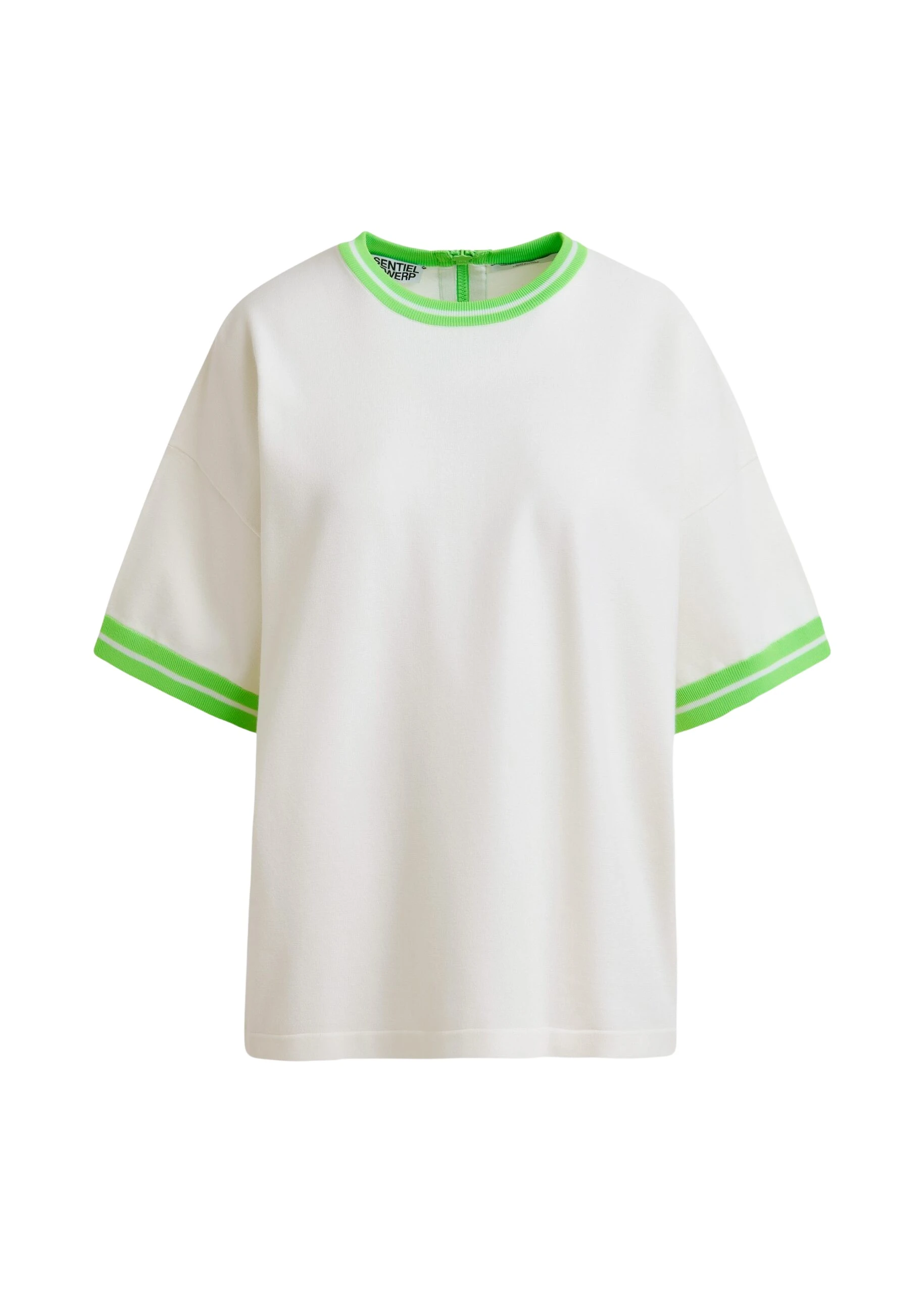 Off-white-knit-T-shirt-with-light-green-contrasting-trim-Essentiel-Antwerp-Shirts-scaled60161_nobg Essentiel Antwerp Off-white knit T-shirt with light green contrasting trim - Essentiel Antwerp Shirts - Colorful Belgian Design - Shop at Luxury Shoes