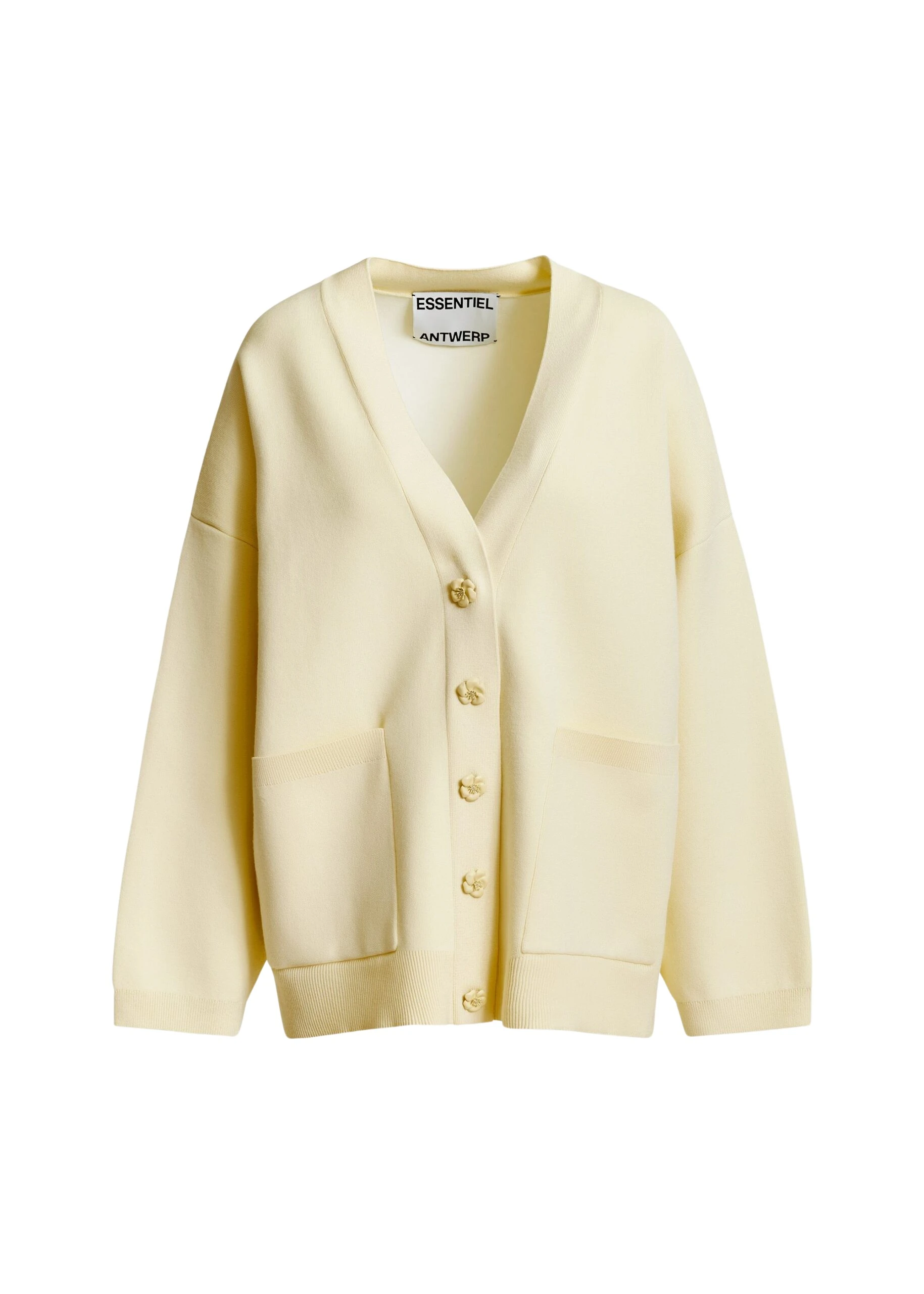 Off-white-knit-cardigan-with-tonal-flower-buttons-Essentiel-Antwerp-Knitwear-scaled55763_nobg Essentiel Antwerp Off-white knit cardigan with tonal flower buttons - Essentiel Antwerp Knitwear - Colorful Belgian Design - Shop at Luxury Shoes