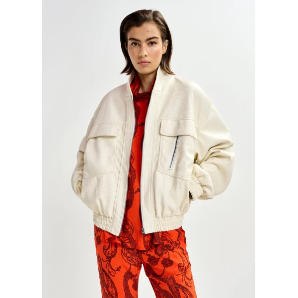 Essentiel Antwerp Off-white oversized faux-leather bomber jacket - Essentiel Antwerp Jackets - Colorful Belgian Design - Shop at Luxury Shoes 