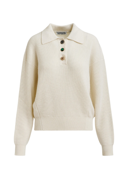 Essentiel Antwerp Off-white wool-blend polo with jewel buttons - Essentiel Antwerp Tops - Colorful Belgian Design - Shop at Luxury Shoes 