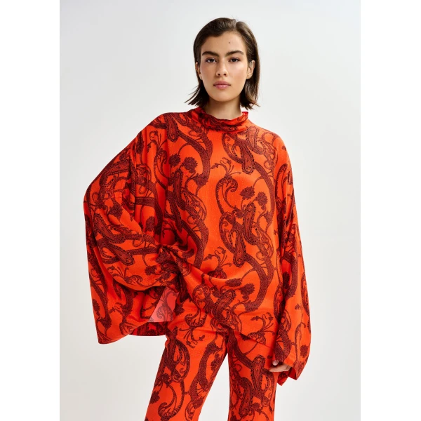 Essentiel Antwerp Orange and black oversized paisley print top with high neck - Essentiel Antwerp Tops - Colorful Belgian Design - Shop at Luxury Shoes 