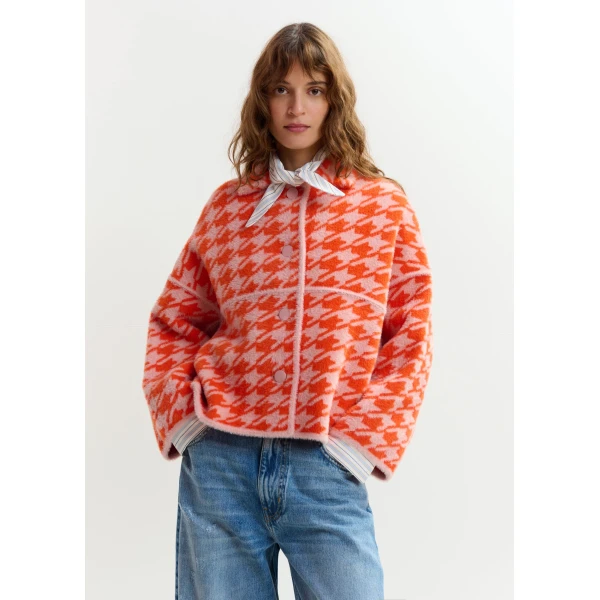 Essentiel Antwerp Orange and dusty pink houndstooth knit cardigan - Essentiel Antwerp Knitwear - Colorful Belgian Design - Shop at Luxury Shoes 
