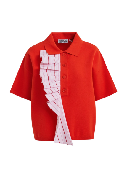 Essentiel Antwerp Orange and light pink ruffle fine-knit polo top - Essentiel Antwerp Tops - Colorful Belgian Design - Shop at Luxury Shoes 
