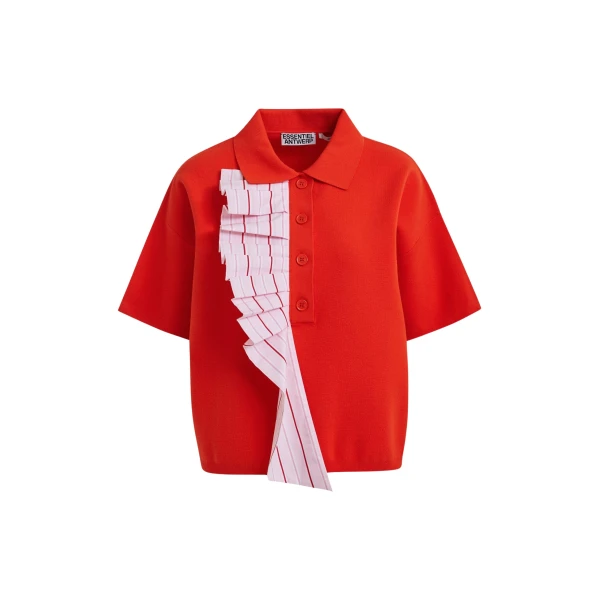 Essentiel Antwerp Orange and light pink ruffle fine-knit polo top - Essentiel Antwerp Tops - Colorful Belgian Design - Shop at Luxury Shoes 