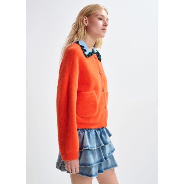 Essentiel Antwerp Orange cardigan with contrasting light blue and dark green ruffle collar - Essentiel Antwerp Knitwear - Colorful Belgian Design - Shop at Luxury Shoes 