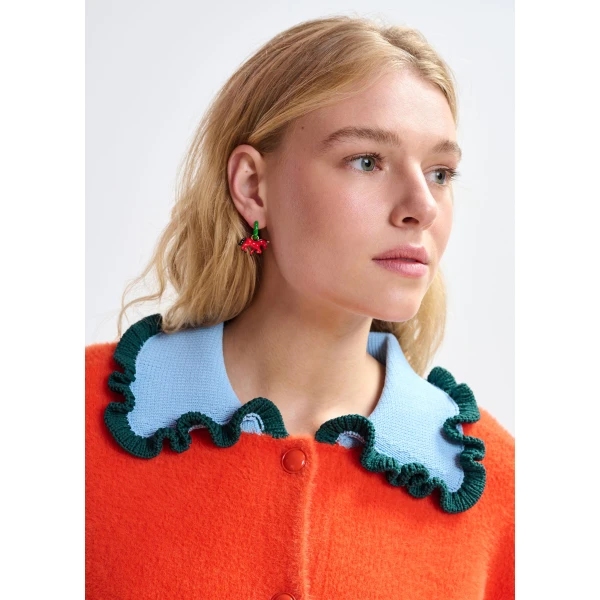 Essentiel Antwerp Orange cardigan with contrasting light blue and dark green ruffle collar - Essentiel Antwerp Knitwear - Colorful Belgian Design - Shop at Luxury Shoes 