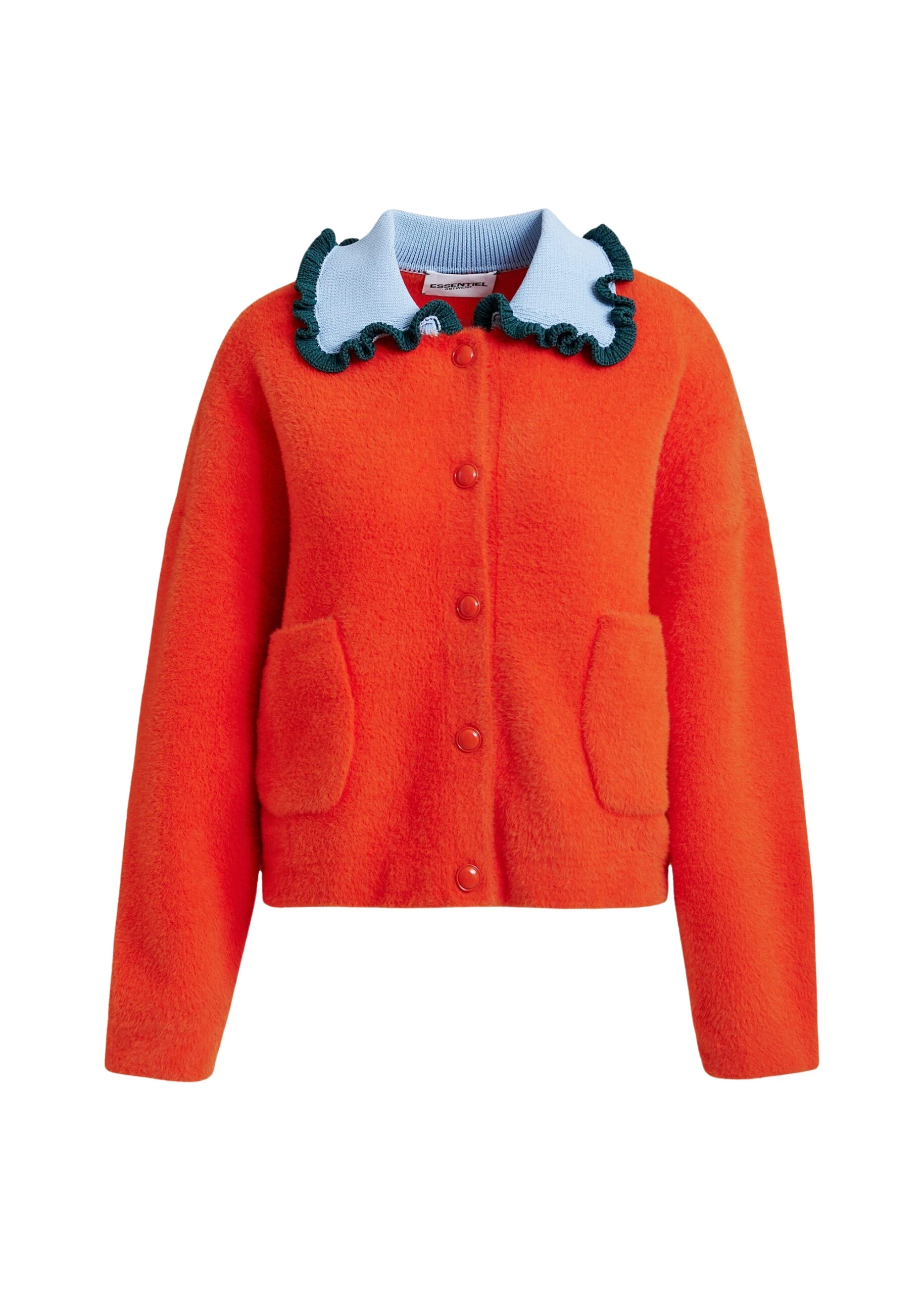 Orange-cardigan-with-contrasting-light-blue-and-dark-green-ruffle-collar-Essentiel-Antwerp-Knitwear-scaled92297_nobg Essentiel Antwerp Orange cardigan with contrasting light blue and dark green ruffle collar - Essentiel Antwerp Knitwear - Colorful Belgian Design - Shop at Luxury Shoes