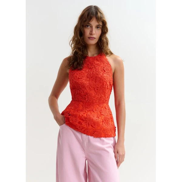 Essentiel Antwerp Orange floral lace halter peplum top - Essentiel Antwerp Tops - Colorful Belgian Design - Shop at Luxury Shoes 