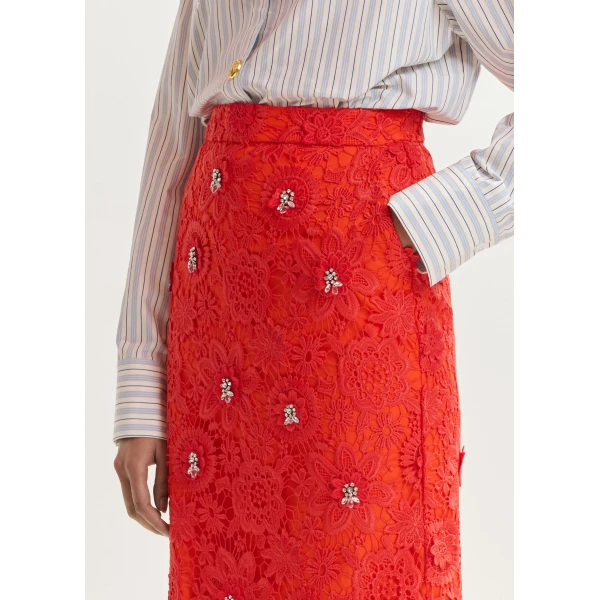 Essentiel Antwerp Orange floral lace pencil skirt with rhinestone embellishments - Essentiel Antwerp Skirts - Colorful Belgian Design - Shop at Luxury Shoes 