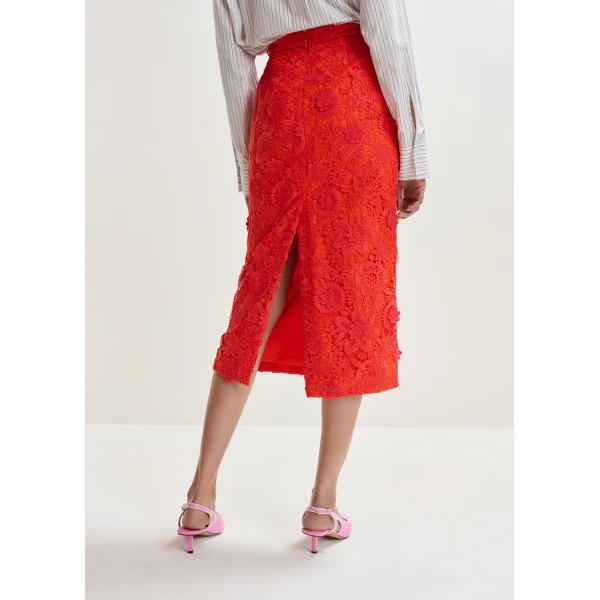 Essentiel Antwerp Orange floral lace pencil skirt with rhinestone embellishments - Essentiel Antwerp Skirts - Colorful Belgian Design - Shop at Luxury Shoes 