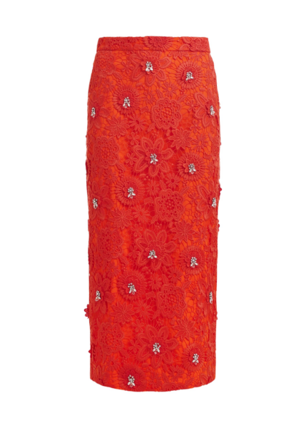 Essentiel Antwerp Orange floral lace pencil skirt with rhinestone embellishments - Essentiel Antwerp Skirts - Colorful Belgian Design - Shop at Luxury Shoes 