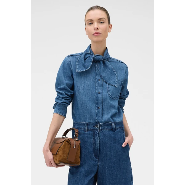 Oroton Denim Tie Neck Shirt - Oroton Tops - Australian Heritage Luxury - Shop at Luxury Shoes 